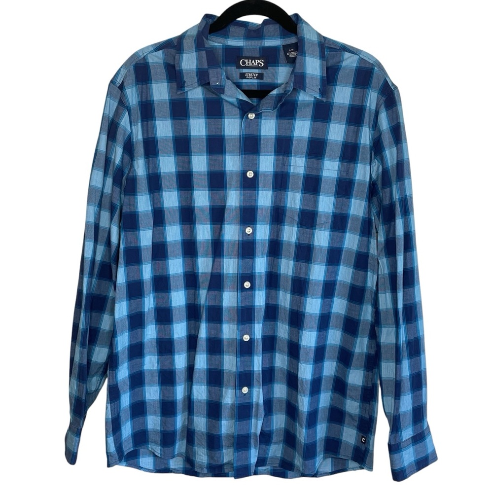 Chaps Preppy Solid Blue Plaid Collared Long Sleeve Casual Button Down Shirt